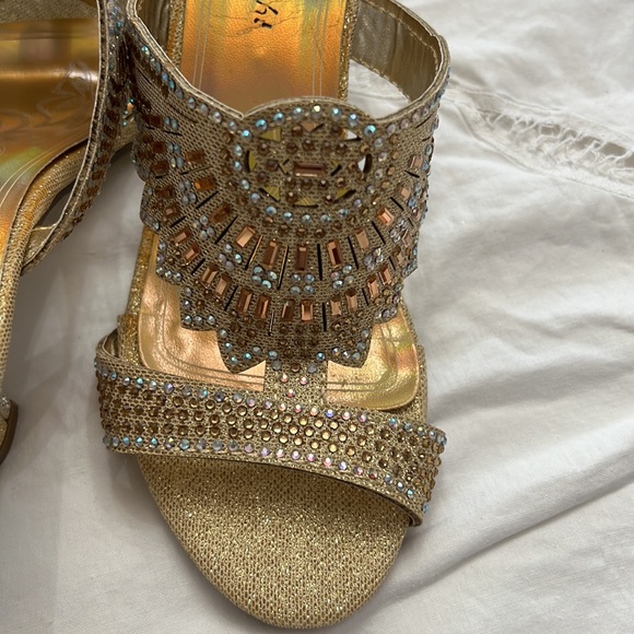 First Sight Gold Rhinestone Sandals - Picture 9 of 11